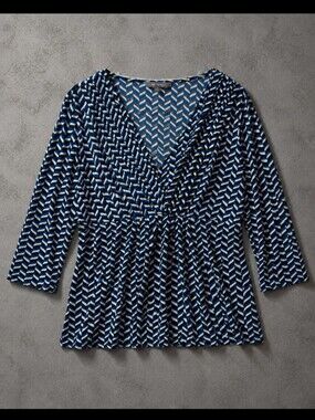 Daisy Fuentes Large Blue Geometric Surplice Peplum 3/4 Sleeve Blouse Top